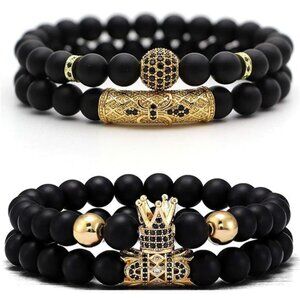 Mens Beaded Bracelets Set 4 Black Matte Onyx Stone Crown Adjustable Jewelry